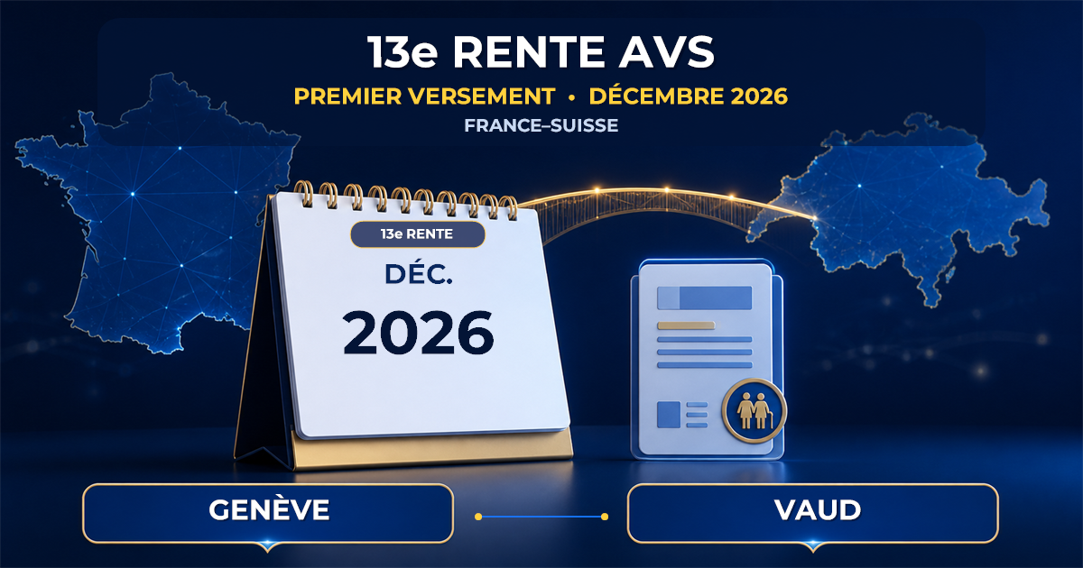 Un calendrier ouvert sur décembre 2026 relie la France et la Suisse pour illustrer le premier versement de la 13e rente AVS.