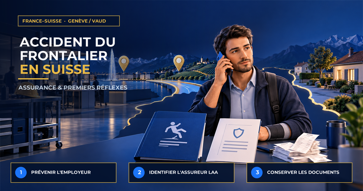 Illustration d’un salarié frontalier entre la France et la Suisse, avec une attelle au poignet, appelant son employeur devant un dossier d’accident, un document d’assurance et des justificatifs.