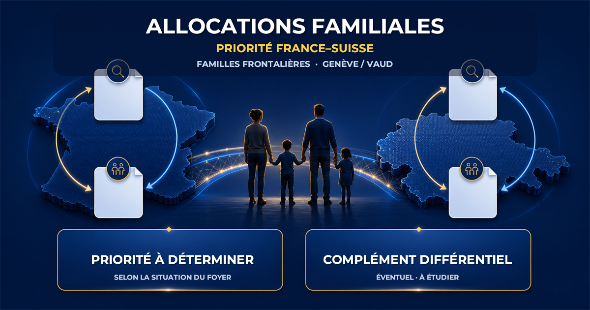 Illustration d’une famille frontalière entre la France et la Suisse, avec une priorité à déterminer selon le foyer et un complément différentiel éventuel à étudier.