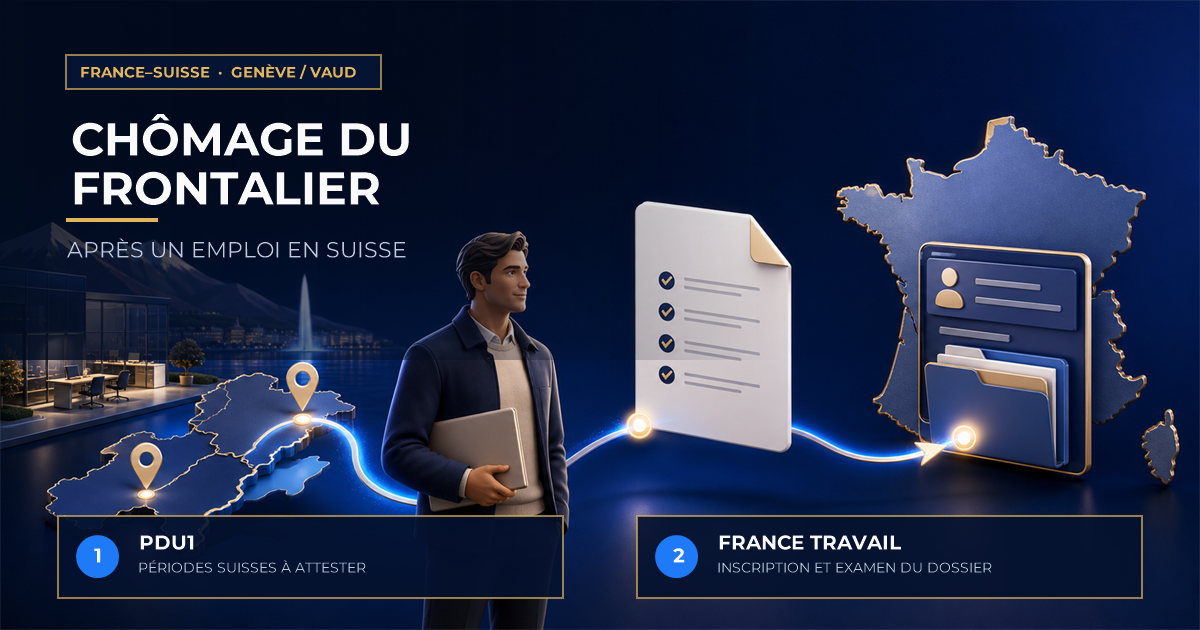 Illustration d’un frontalier résidant en France préparant son inscription à France Travail et un dossier PDU1 pour faire attester ses périodes d’emploi à Genève ou dans le canton de Vaud.
