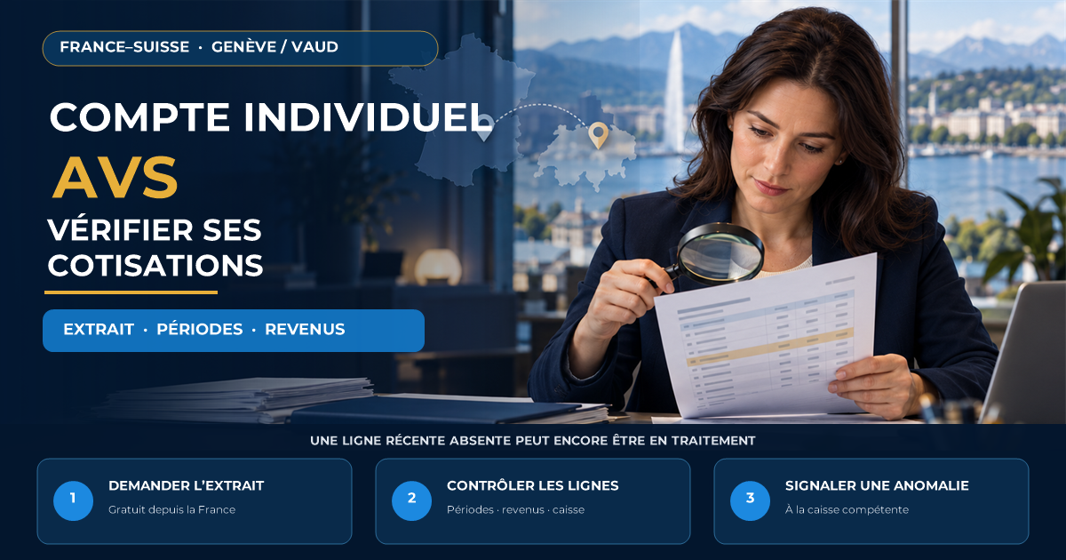 Frontalière résidant en France examinant à la loupe un relevé générique de compte individuel AVS suisse afin de vérifier ses périodes et revenus de cotisation.