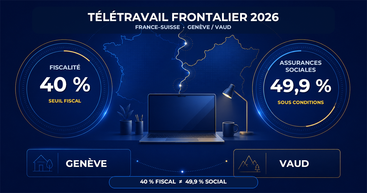 Deux jauges comparent le seuil fiscal de 40 % et la limite sociale de 49,9 % du télétravail frontalier entre la France et la Suisse.