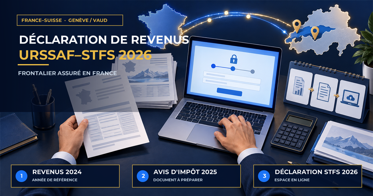 Vue plongeante d’un frontalier préparant sur ordinateur sa déclaration Urssaf–STFS 2026, avec revenus 2024, avis d’impôt 2025 et liaison France–Suisse vers Genève et Vaud.