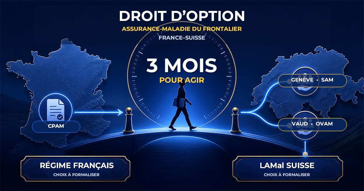 Illustration d’un frontalier entre la France et la Suisse, avec un délai de trois mois, la CPAM et deux parcours équilibrés vers Genève-SAM et Vaud-OVAM pour exercer le droit d’option maladie.