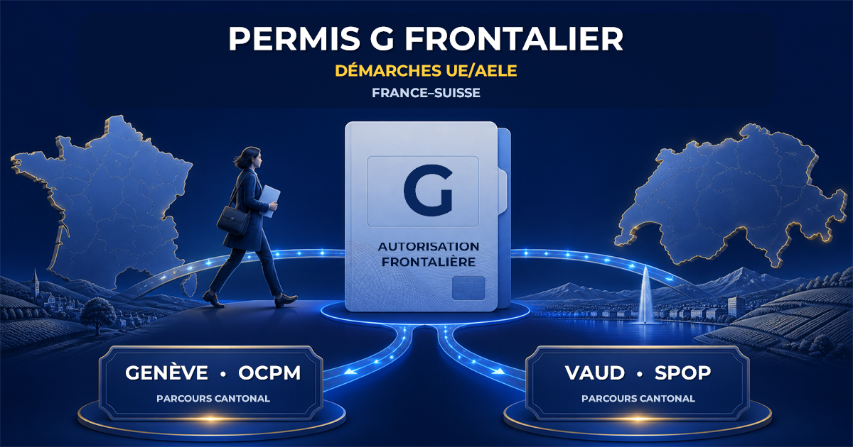 Illustration d’une personne frontalière reliant la France et la Suisse avec un dossier de permis G, puis deux parcours équilibrés vers Genève-OCPM et Vaud-SPOP.