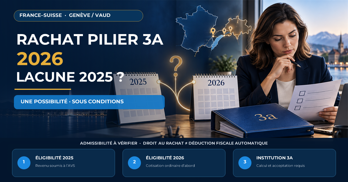 Frontalière entre la France et la Suisse comparant une lacune de pilier 3a de 2025 avec un possible rachat en 2026 sous conditions.