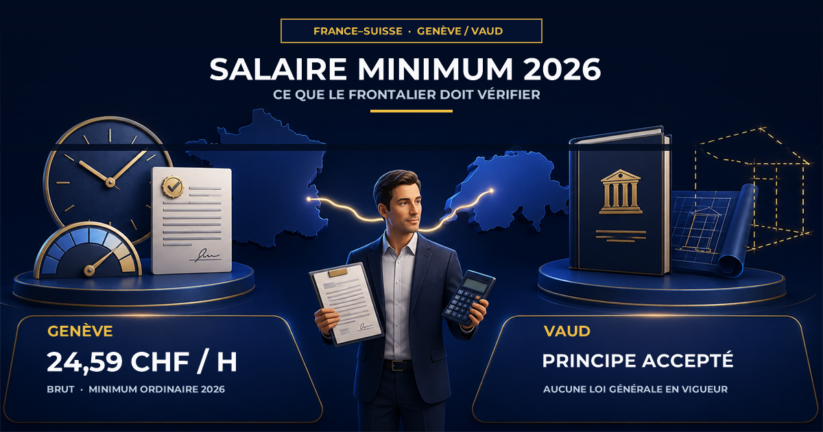 Illustration d’un frontalier comparant son contrat de travail : 24,59 CHF brut par heure à Genève en 2026, face au principe vaudois accepté sans loi générale en vigueur.