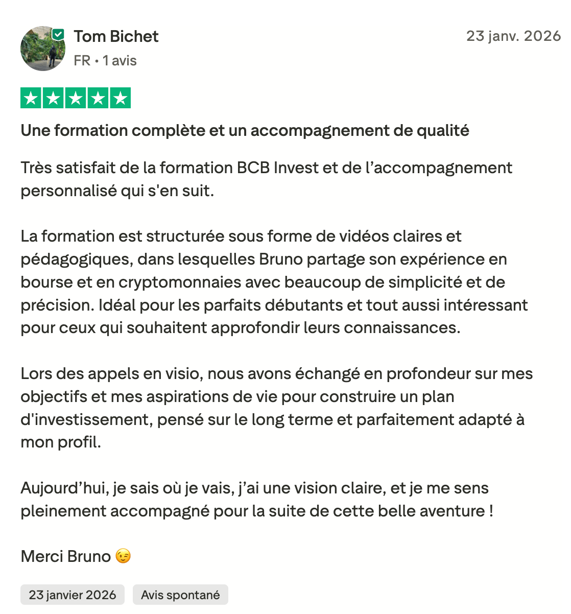 Avis de Tom Bichet sur la formation et l’accompagnement